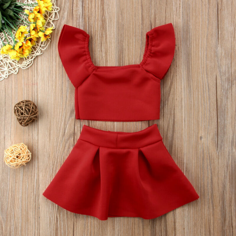 2020 New Fashion Girls Red Clothes Sets Toddler Kids Off Shoulder Tops Bow Skirt 2pcs Summer Outfits Clothing for 0-4Years