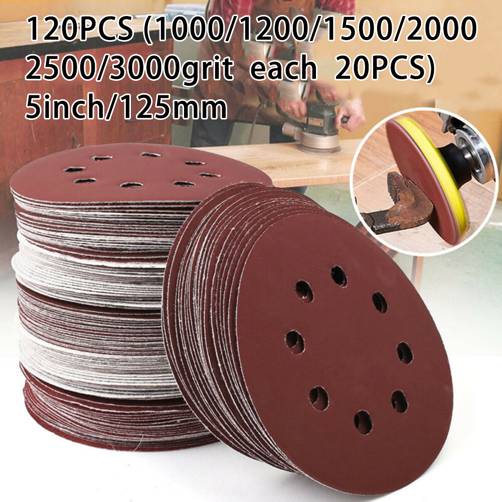 120Pcs 125mm 5'' Hook Loop Sanding Discs 8 Hole Sandpaper Pads 1000 1200 1500 2000 2500 3000 Grit Sander Disc Abrasive Tool
