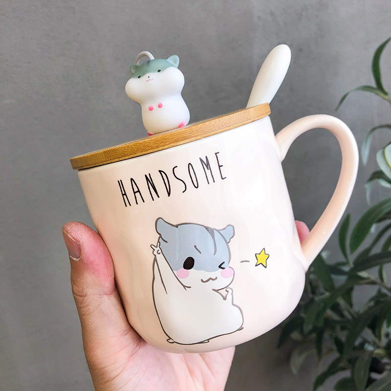 Creative cartoon hamster mug with lid spoon, 400ml teacup coffee ceramic mugs office cup office Drinkware couple cup gift