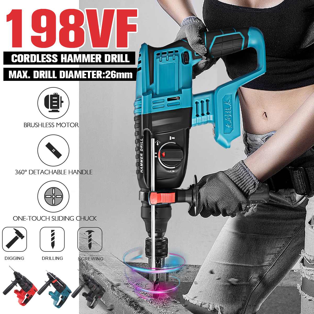 Electric Brushless Rotary Hammer Rechargeable Multifunction Electric Hammer Impact Power Drill Tool for 198Vf Makita Battery