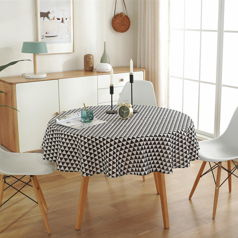 Nordic Simple Style Black and White Grid Christmas Pattern Washable Thick Polyester Cotton Round Table Cloth
