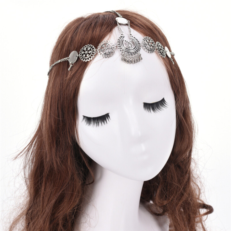 Boho Vintage Silver Metal Braided Festival Headband Flower Headwear India Ethnic Head Chain Forehead Hair Jewelry For Women Girl