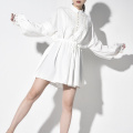 [EAM] Women White Pleated Stitch Big Size Shirt Dress New Stand Collar Long Sleeve Loose Fit Fashion Spring Autumn 2021 JO3700