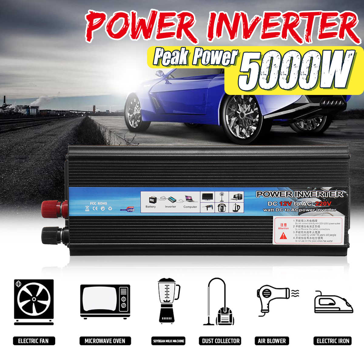 Inverter 12V 220V Voltage Transformer 5000W P eak DC12V/24V to Ac 110V/220V Solar Power Inverter Converter Solar Inversor Black