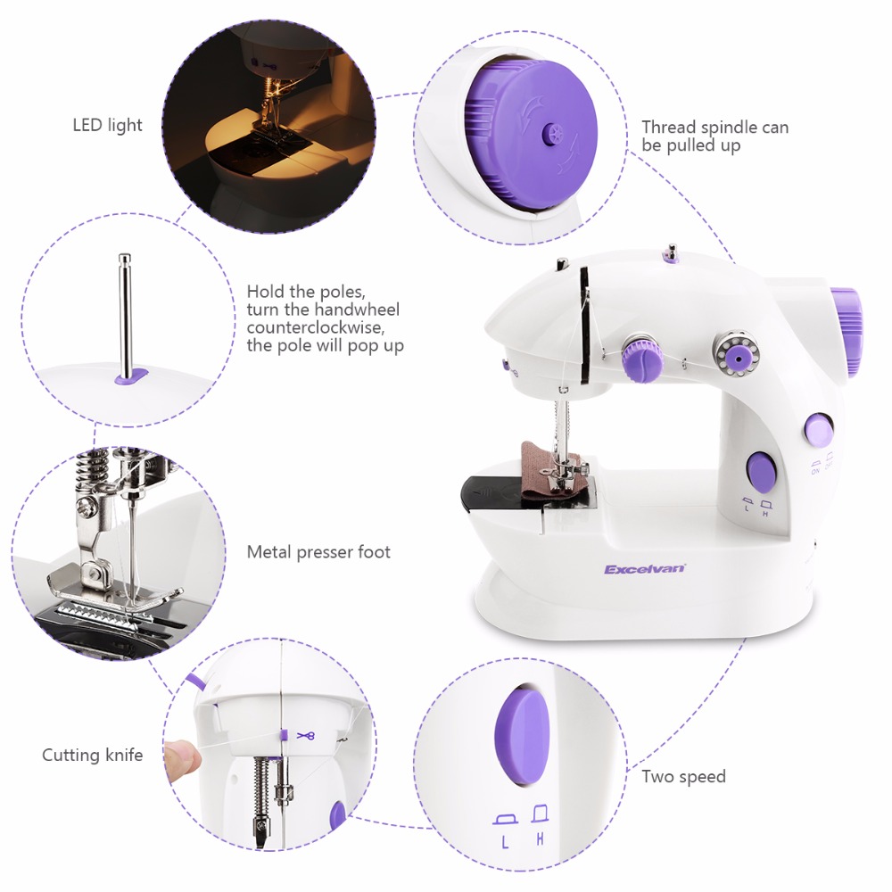 Mini Electric Handheld Sewing Machine Dual Speed Adjustment with Light Foot AC100-240V Double Threads Pendal Sewing Machine