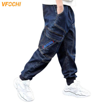 VFOCHI 2020 New 3-14T Boy Jeans Dark Blue Denim Pants for Kids Trousers Teenage Clothing Elastic Waist Boy Cargo Pants Boy Jeans