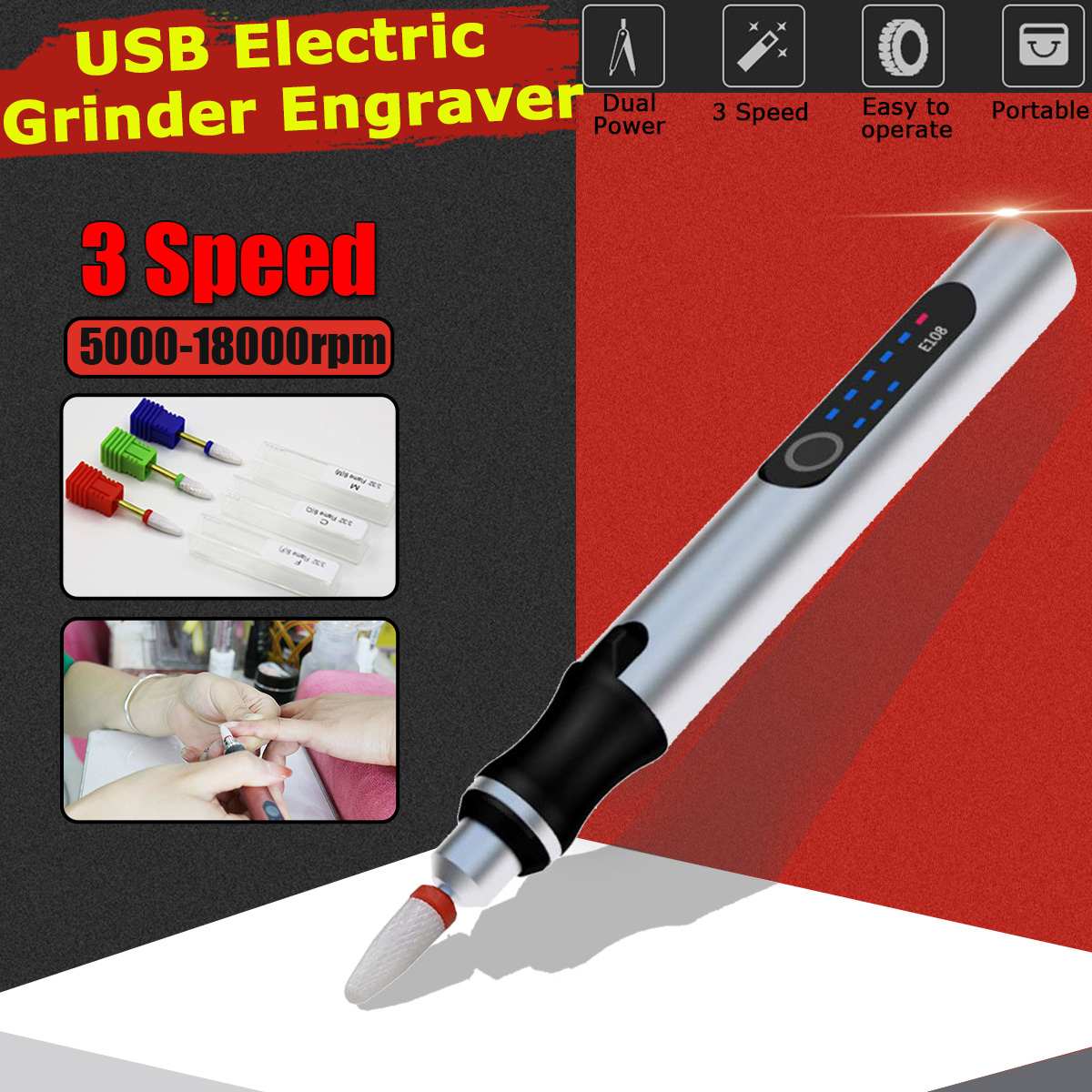 18000RPM DIY Mini Cordless Engraving Pen Rechargeable Wireless Electric Grinder Wood Carving Pen for Nail Art Milling Engraving