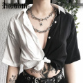 InsGoth Harajuku Loose Tops Women Black White Patchwork Shirt Streetwear Fashion Casual Tees Korean Sexy Crop T-shirts
