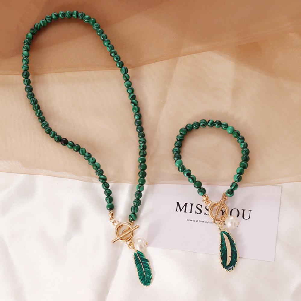 Malachite Jewelry Set for Women Girl IQ Clasp Leaf Pendant Stone Necklace and Crystal Bacelets