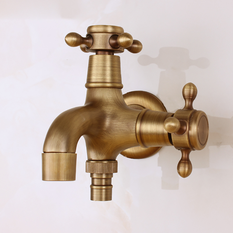 Antique Brass Wall Mount Double Using Water Faucet Bathroom Accessories Outdoor Sink Garden Taps Decorative Laundry Bibcock Cock