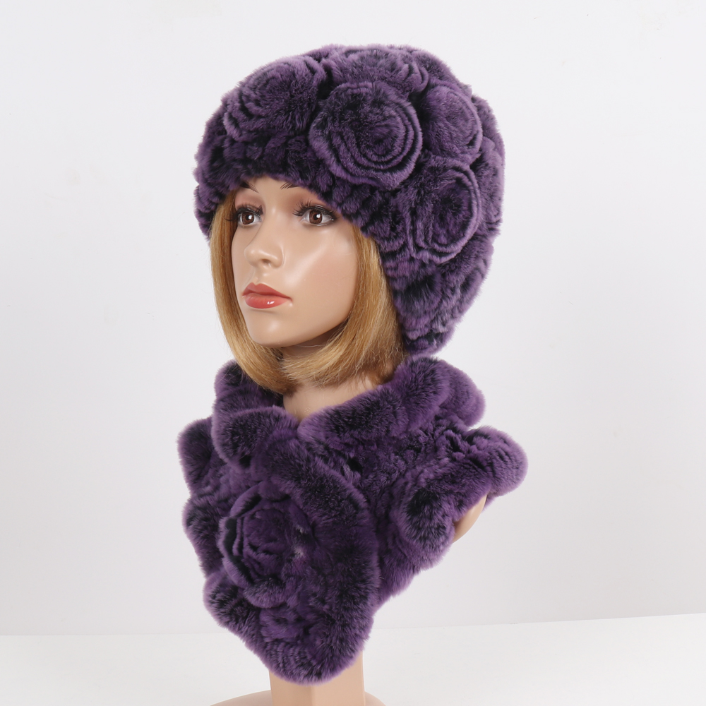 2020 New Women Winter Fur Hat Scarf Sets Natural Warm Real Rex Rabbit Fur Cap Scarves Lady Knitted 100% Genuine Fur Hats Muffler