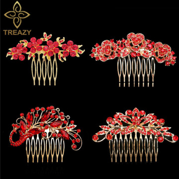 TREAZY Elegant Bridal Hair Combs Red Crystal Floral Animal Bride Wedding Hair Jewelry Party Prom Hair Accessories Women Headwear