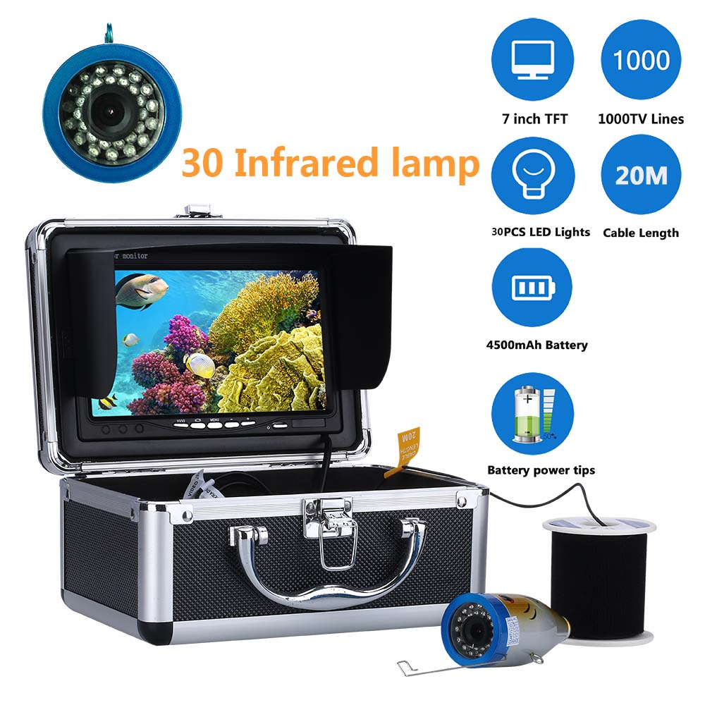 7" Inch 1000tvl Underwater Fishing Video Camera Kit 30 PCS LED Infrared Lamp Lights Video Fish Finder 20M