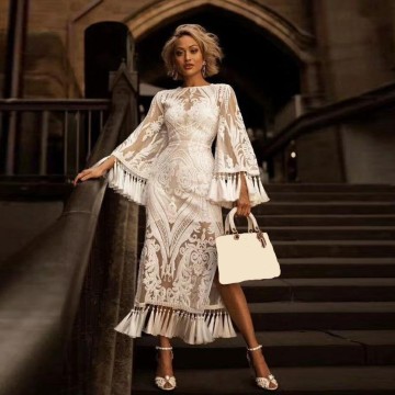 Vintage Dress Women Elegant White 2020 Women's Retro O-neck Flare Sleeve High Waist Embroidered Print Fringe Dress Vestidos#G7