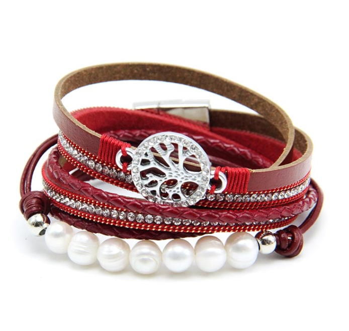 Leather Wrap Bracelet for Women Handmade Clasp Bangle Bracelet with Pearl Beads Crystal Wristbands Jewelry Gift for Ladies