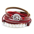 Leather Wrap Bracelet for Women Handmade Clasp Bangle Bracelet with Pearl Beads Crystal Wristbands Jewelry Gift for Ladies