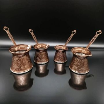 Turkish Pattern Copper Casting Coffee Pot Coffee Maker Handmade Set of 4 Traditional Design Decorative Gift Accessories Ottoman
