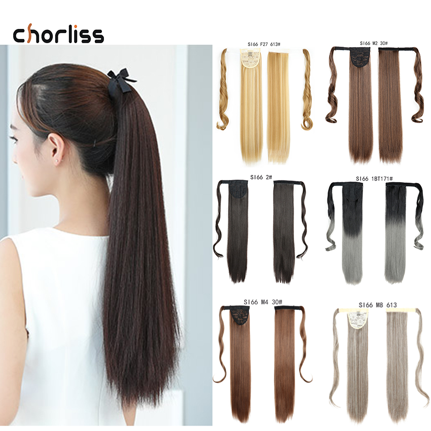 Chorliss Long Straight Synthetic Ponytail Hairpieces Wrap on Clip Hair Extensions Ombre Brown Velcro Pony Tail Blonde Fake Hair