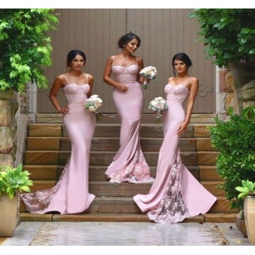 Sexy Bridesmaid Dresses Spaghetti Strap Vestido De Festa De Casamento Sheer Lace Applique Blush Peach Long Bridesmaid Dresses