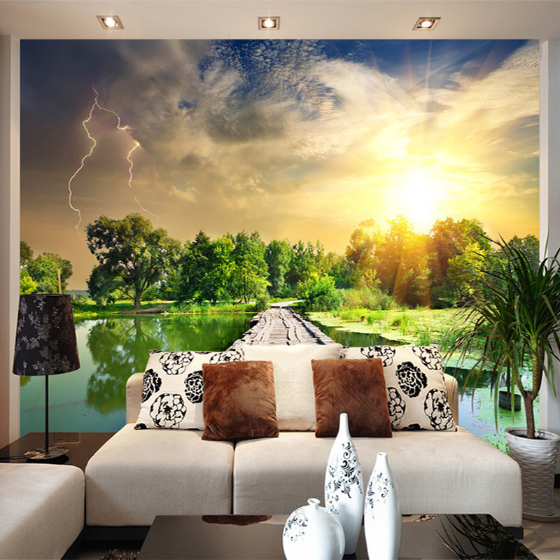 3D Wallpaper Classic Wood Bridge River Sunset Forest Nature Landscape 3D Wall Mural Living Room TV Backdrop Home Decor Frescoes