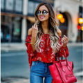 Fashion blouse Women's Off Shoulder flare Long sleeve red gorgeous flower Tops Shirt Casual Blouse Loose Crop female