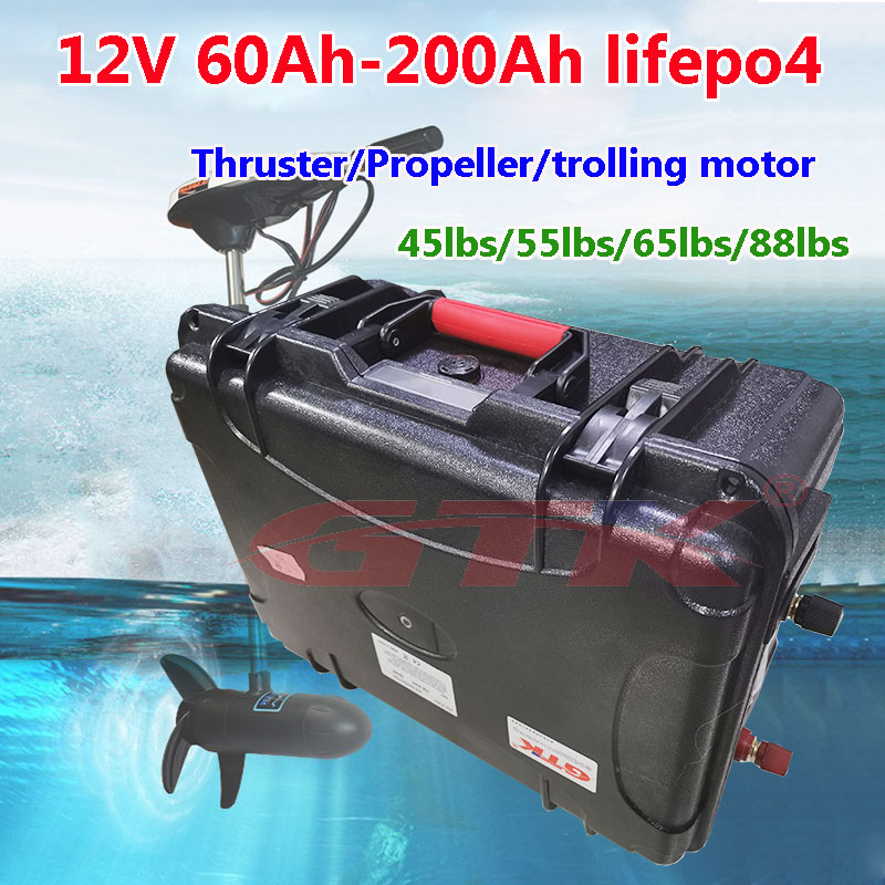 Waterproof Lifepo4 12V 60Ah 80Ah 100Ah 120Ah 150Ah 200Ah lithium battery for 18lbs-88lbs Thruster trolling motor+ 10A charger