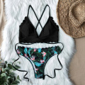 Sexy Top Solid Bottom Printed Bikini Set 2020 Lace Up Bikinis Women Swimsuit Brazilian Biquini Female Swimwear Bathing Suit