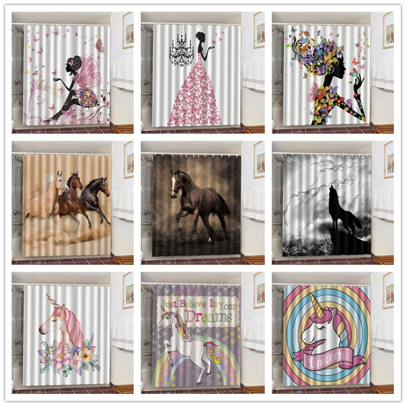 Waterproof Fabric Bathroom Set With Shower Curtains Unicorn Horse Wolf Elephant Bath Decor 3D Blackout Screen douche gordijn