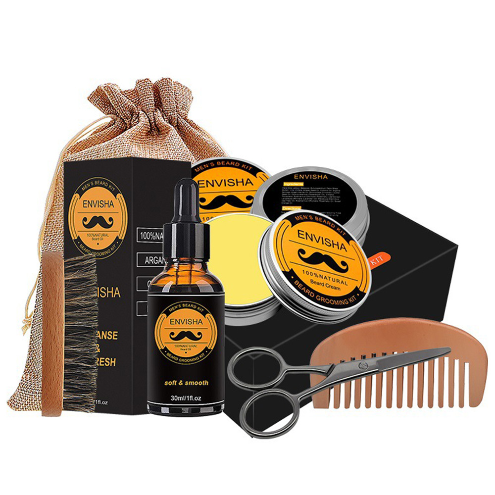 7pcs Men Beard Grooming Kit Mustache Beard Hair Growth Oil Styling Tool Beard Essential Balm Comb Moisturize Wax Scissor