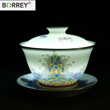 BORREY Jingdezhen Ceramic Gaiwan Porcelain Teacup And Saucer Tureens Enamel Cup Travel Kung Fu Tea Set Puer Oolong Tea Pot 150Ml