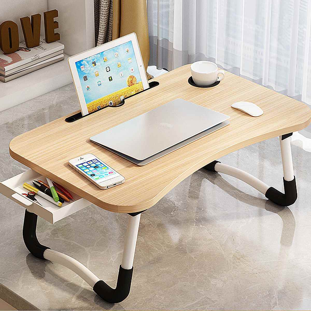 Folding Laptop Stand Holder Study Table Desk Wooden Foldable Computer Desk for Bed Sofa Tea Serving Table Stand