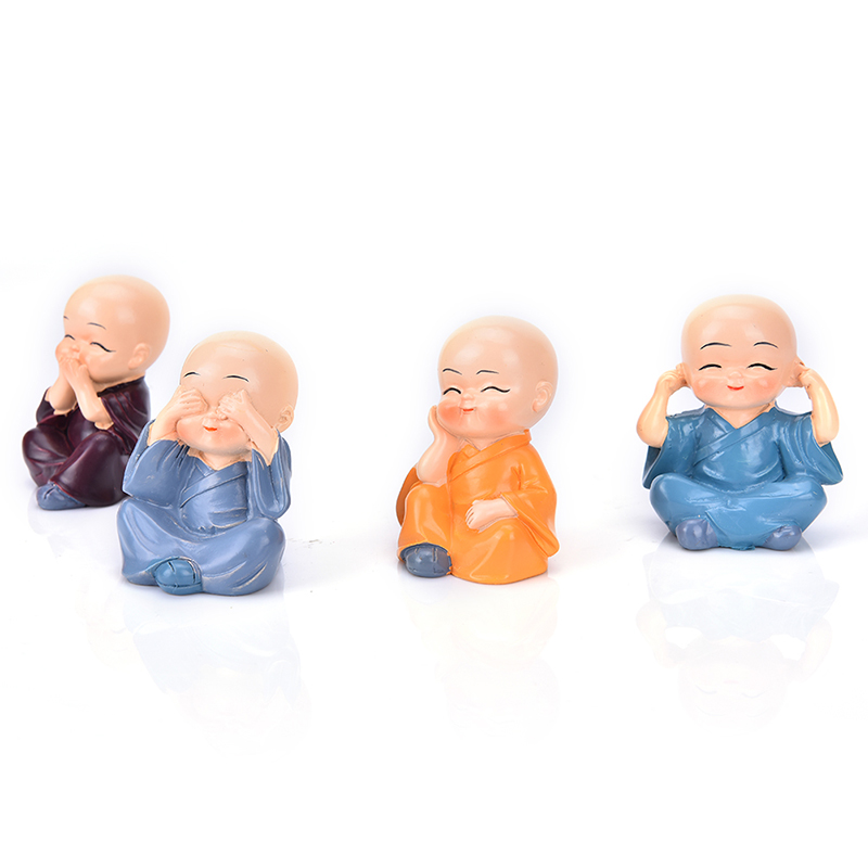 4Pcs/Set Car Interior Accessories Doll Creative Maitreya Resin Gifts Little Monks Buddha Kung Fu Small Ornaments Lovely