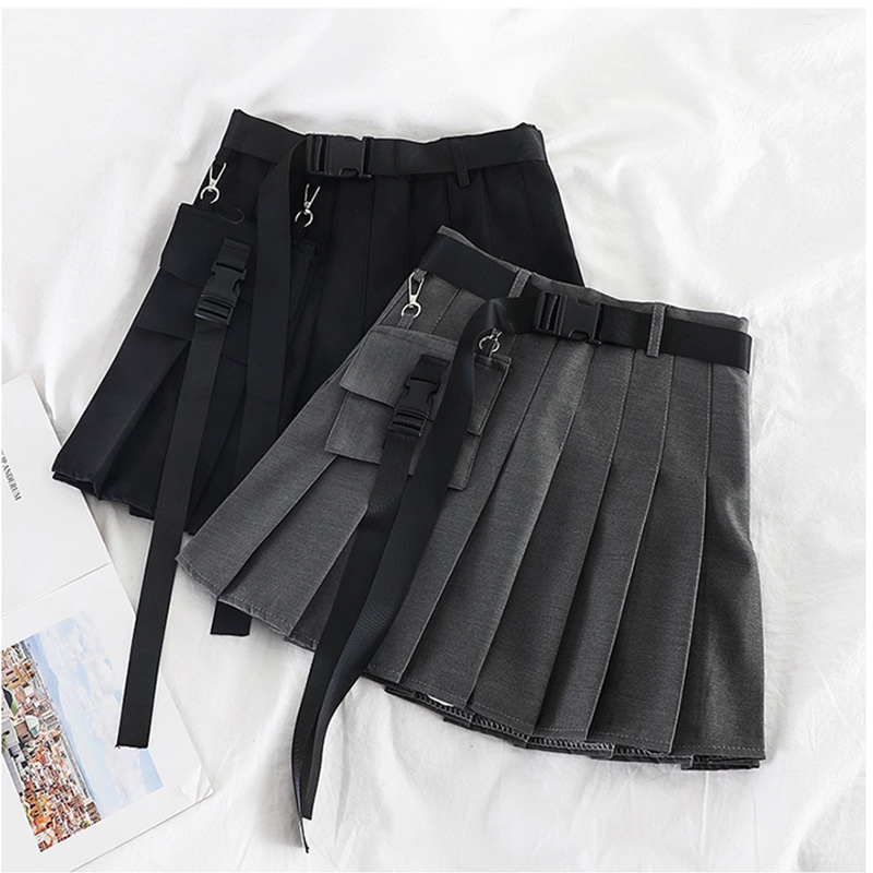 Womens Streetwear Tooling Half-length Pleated Skirt Safari Black Short Skirt Fashion High Waist Harajuku Women Skirts