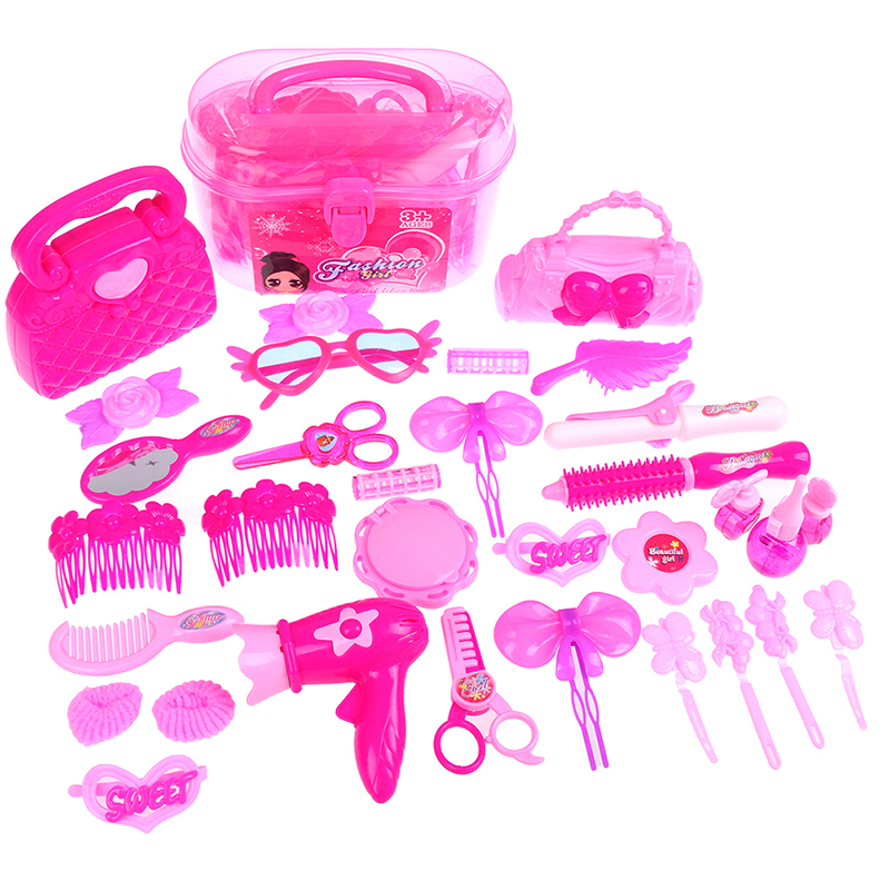 25/32PCS Pretend Play Kid Make Up Toys Pink Makeup Set Princess Hairdressing Sim