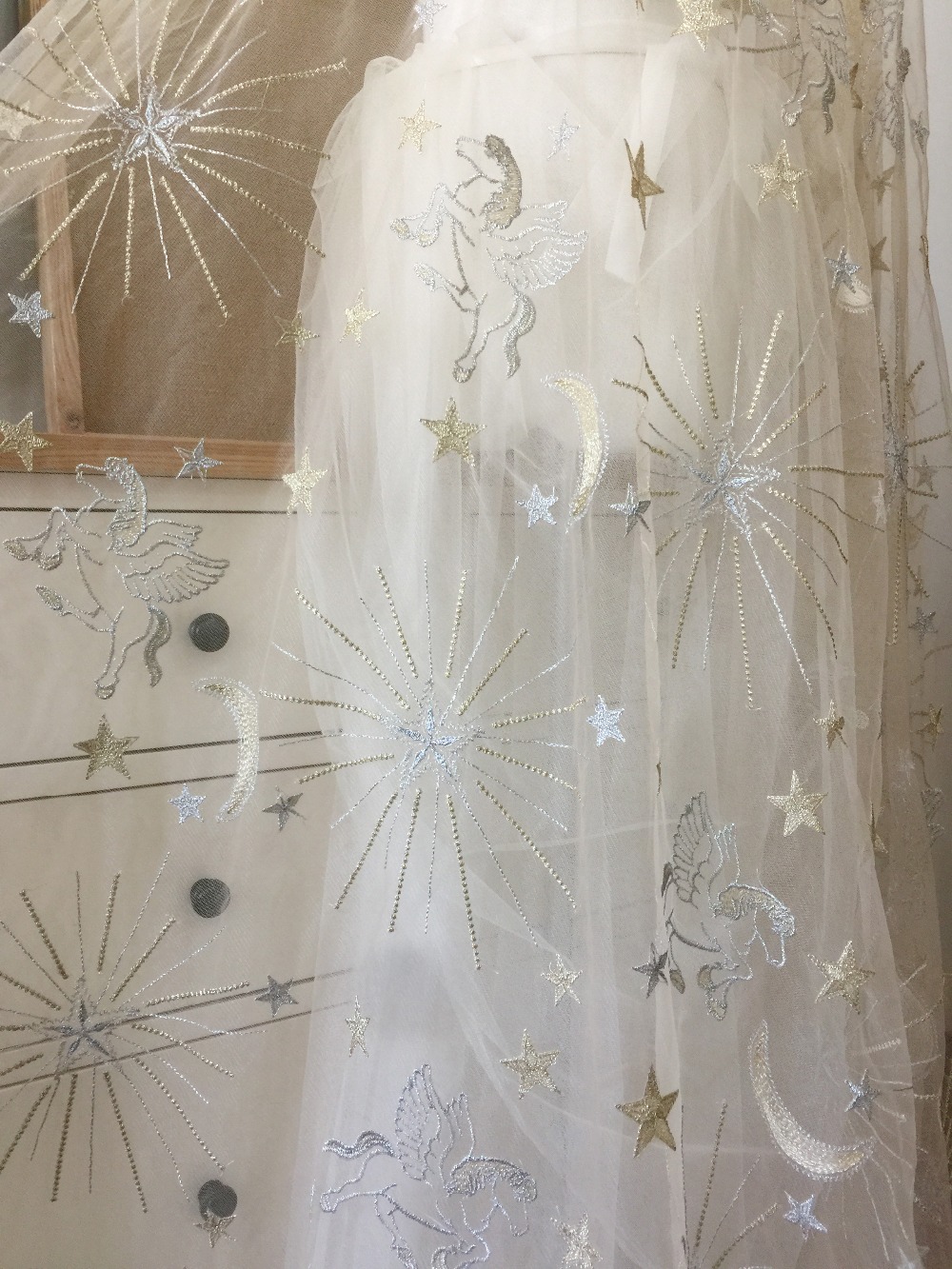 5 yards Soft Tulle Lace Fabric ,Star Horse Floral Embroidery Metallic Bridal Gown Lace Fabric in Champagne 150cm wide