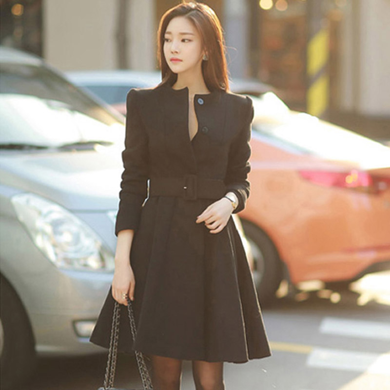 Winter Wool Blend Black Coat Women Vintage Minimalist Woolen Overcoat Single Breasted Office Trench Elegant Korean With Belt