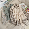 Neploe Retro Plaid Single-breast Loose Bottom Shirt + Slim Waist Belt Woolden Vest Autumn Elegant 2 Pcs Women Set 2021 New 46998