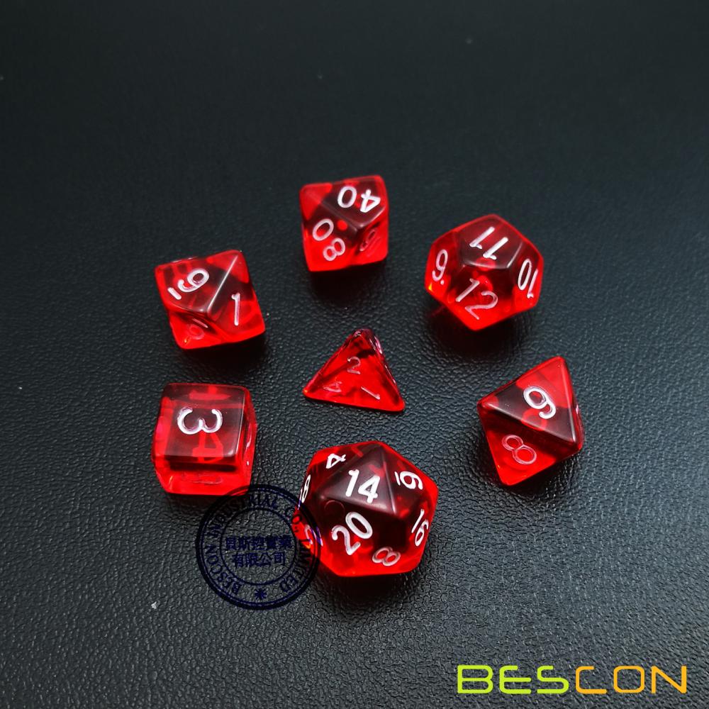 Bescon Mini Translucent Polyhedral RPG Dice Set 10MM, Small RPG Role Playing Game Dice Set D4-D20 in Tube, Transparent Red