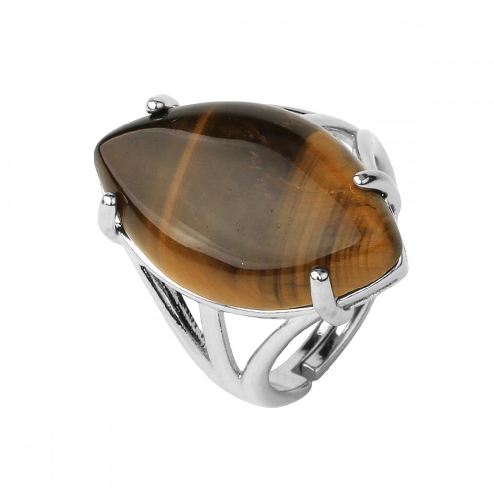 Natural Stone 14X25MM Horse Eye Gemstone Rings 18K White Gold Plated Adjustable Copper Quartz Wedding Ring for Couple