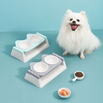 Dog Cat Double Bowls with Raised Stand Pet Food Water Feeder 15° Tilted Non-slip Drinking Dispenser Feeding Container