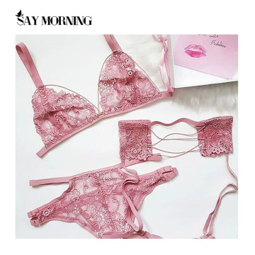 SAY MORNING 2020 New Sexy Bra & Brief & Garters Sets Sexy Lingerie Sets Women Intimates Lace Ultrathin Hollow out Underwear