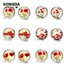 SONGDA Vintage Red Flower Earrings Field Of Flower Art Photo Glass Dome Small Stud Earrings for Women Jewelry Anzac Day Souvenir