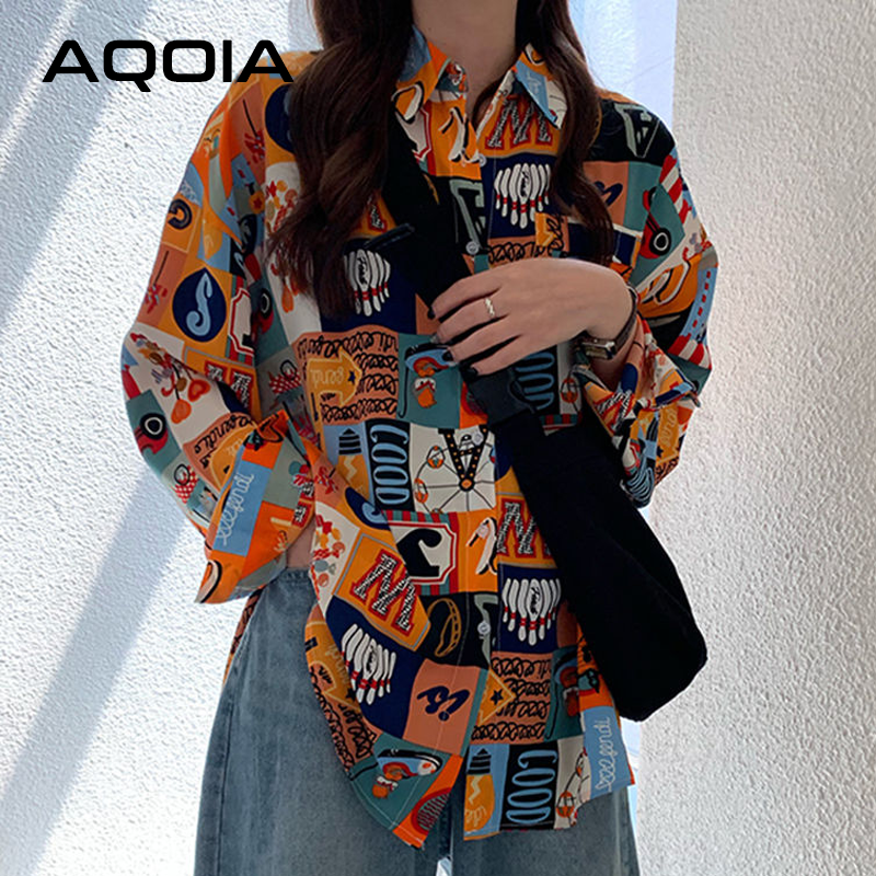AQOIA Korean style Patchwork Long Sleeve Loose Women Blouse Shirt INS Button Up Plus Size Ladies Shirts 2020 Autumn Female Tops
