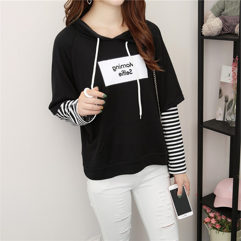 MERRY PRETTY Fake two Pieces Striped Patchwork Hoodies Sweatshirts Autumn Winter Women Letter Print Drawstring Hooded Pullovers