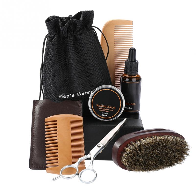 Men Beard Styling Shaving Tool Kit Mustache Hair Shaping Care Beard Oil Balm Comb Moisturizing Wax Scissors Soft Brush Bag Set