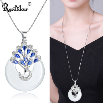Statement Choker Necklace Women Round Big Opal Stone Blue White Animal Peacock Long Pendant Necklace Jewelry Fashion Accessories