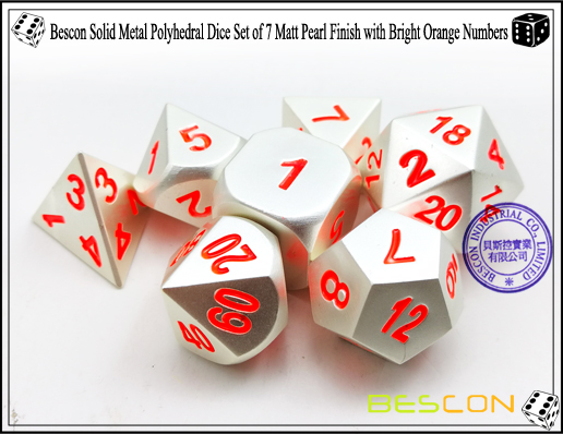 Bescon Solid Metal Polyhedral Dice Set of 7 Matt Pearl Finish with Bright Orange Numbers-7