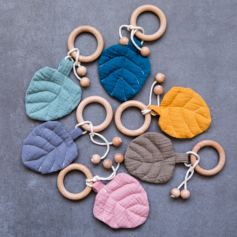 1pc Baby Teether Ring Beech Teeth Pendant Cotton Leaves Bib Wooden Baby Gym Play Toys Montessori Nurse Accessories Gifts For Kid