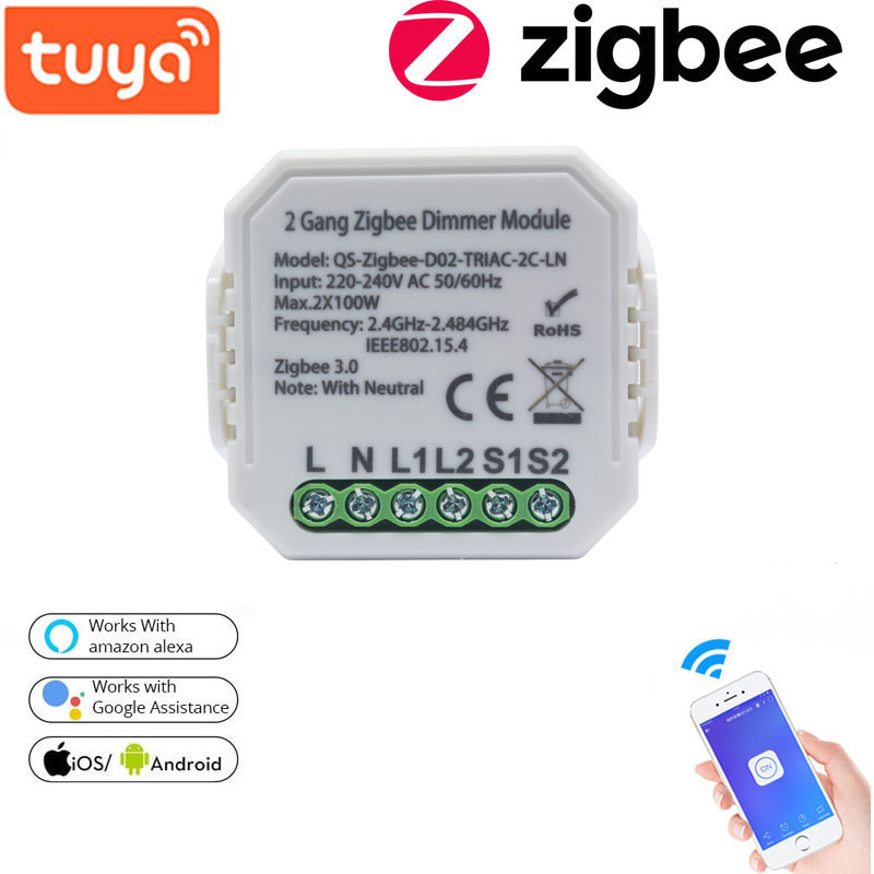 Lonsonho Tuya Smart Zigbee Dimmer Switch Module 1 2 Gang 220V With Neutral 2 Way Wireless Control Works With Alexa Google home