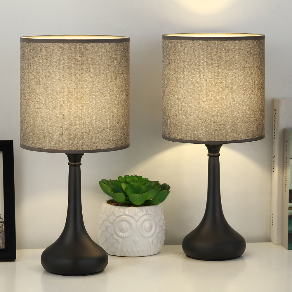 Modern Black Metal Base with Grey Linen Lampshade